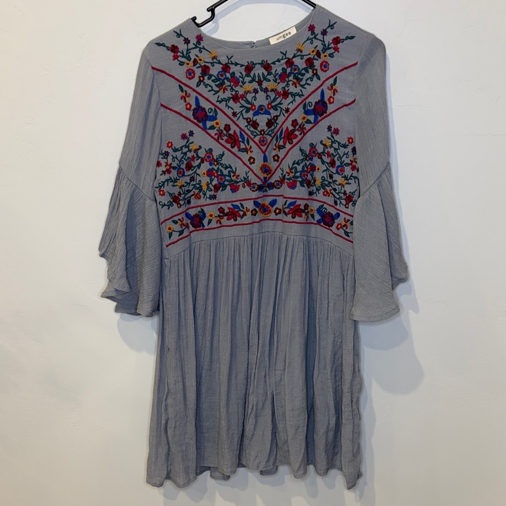 Umgee Gray Dress with Vibrant Floral Embroidery